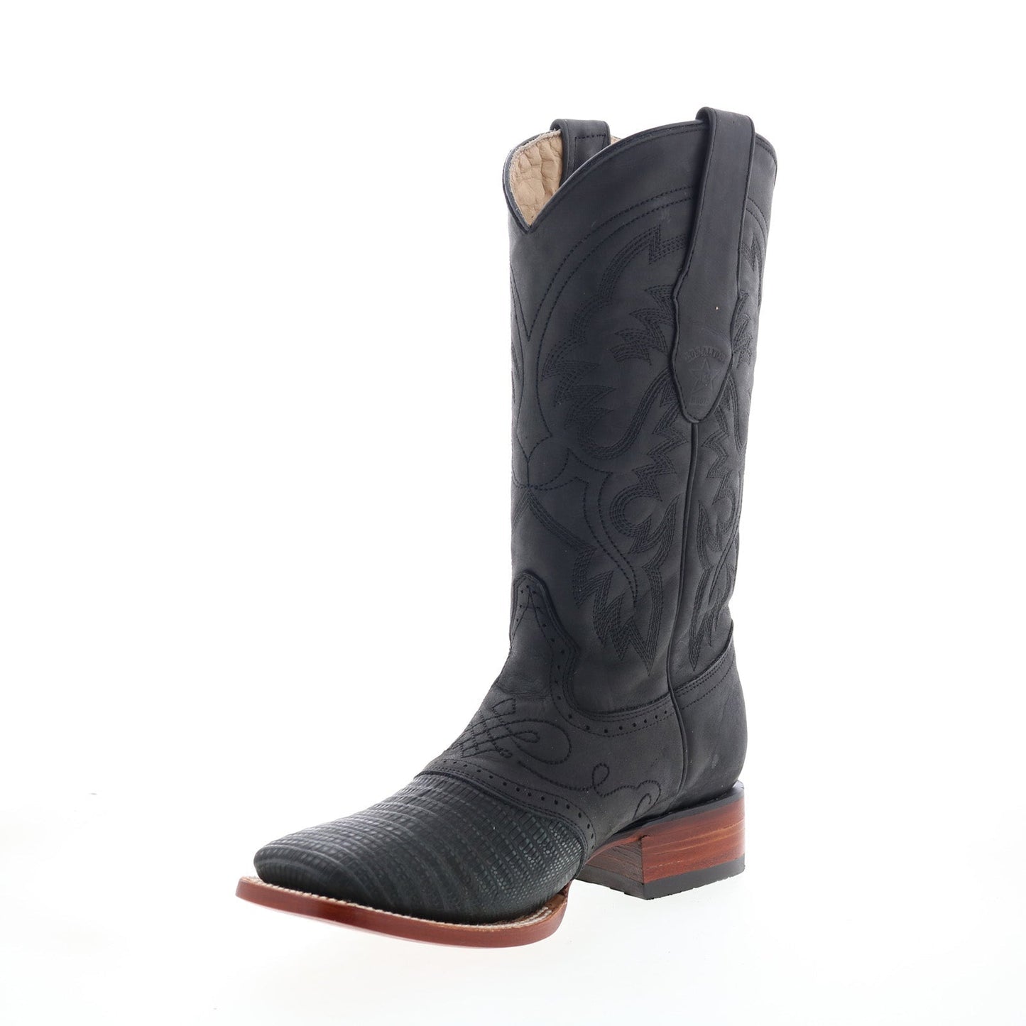 Los Altos Square Toe Teju Lizard Saddle Mens Black Wide Cowboy Western Boots