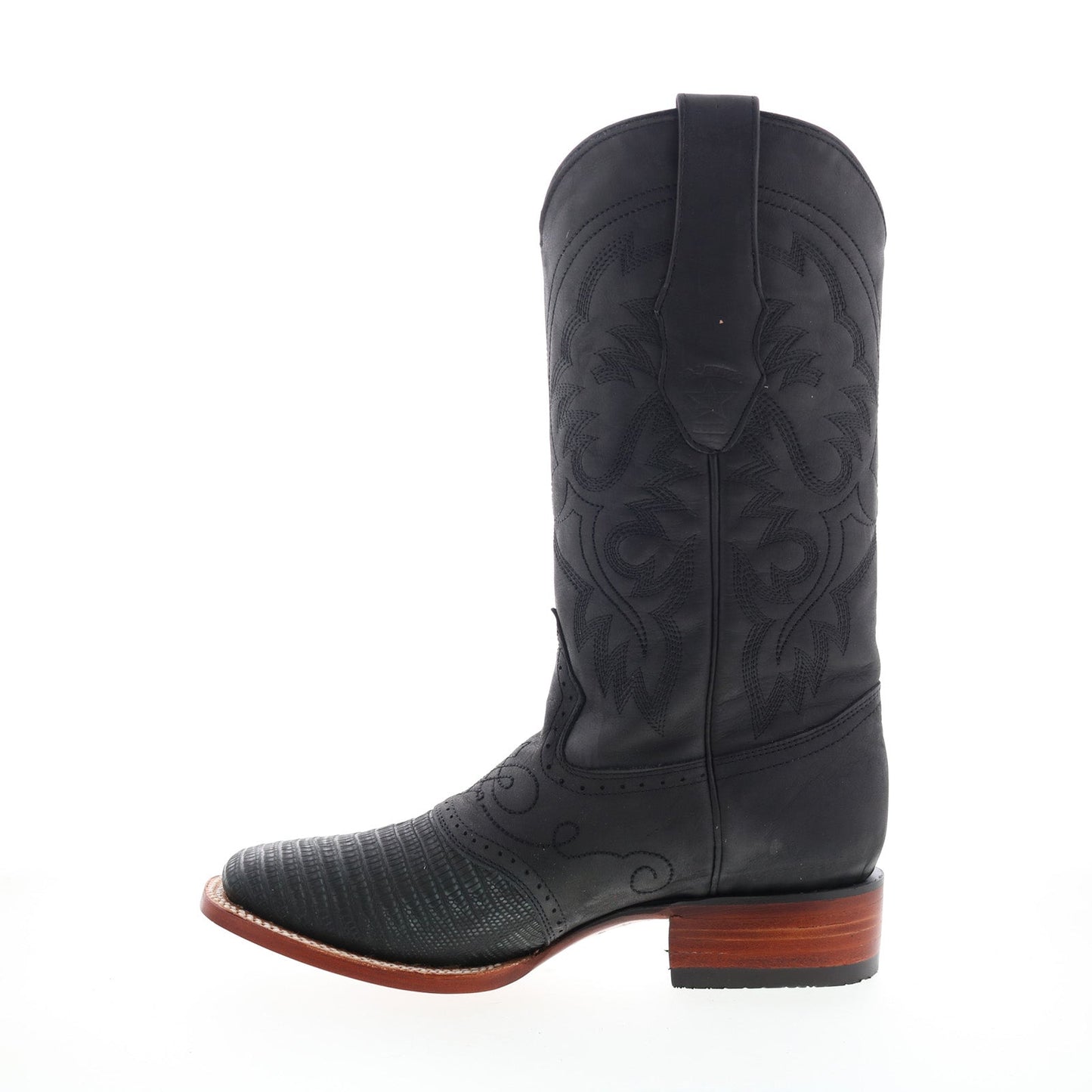 Los Altos Square Toe Teju Lizard Saddle Mens Black Wide Cowboy Western Boots